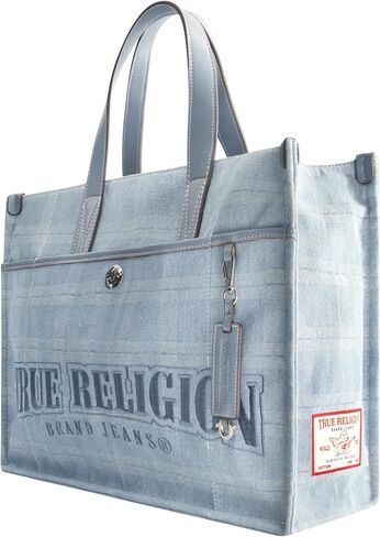 True Religion Tote Bag, Women's Striped Denim City Purse Handbag with Adjustable Shoulder Strap, Denim in Saudi Arabia