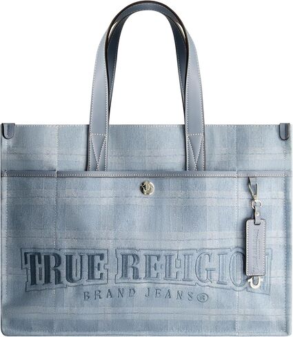True Religion Tote Bag, Women's Striped Denim City Purse Handbag with Adjustable Shoulder Strap, Denim in Saudi Arabia