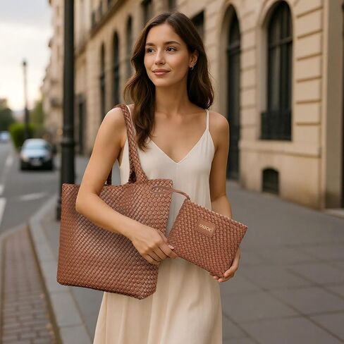 حقيبة حمل منسوجة للنساء - حقيبة يد كبيرة من المنسوجة من الجلد للنساء ، محفظة صيفية أنيقة للعمل على شاطئ العمل in Kuwait
