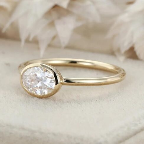East West Bezel Set 1 Carat Oval Cut Moissanite Solitaire Promise Ring In 14K Yellow Gold Women's Minimaloiost Stacking Ring Moissanite Birthday Goift For Wife BY SHIVJEWELCRAFTS in Saudi Arabia