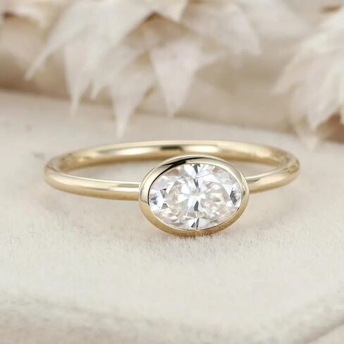 East West Bezel Set 1 Carat Oval Cut Moissanite Solitaire Promise Ring In 14K Yellow Gold Women's Minimaloiost Stacking Ring Moissanite Birthday Goift For Wife BY SHIVJEWELCRAFTS in Saudi Arabia