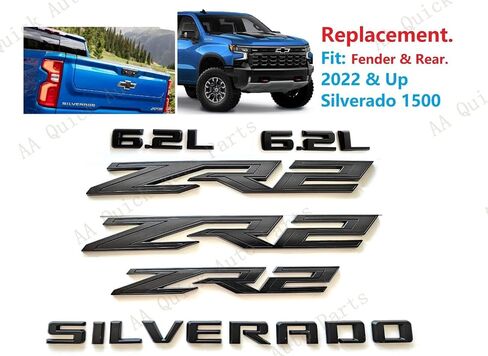 6pcs ZR2 6.2L Silverado Emblems 3D شارة Fender الحرف الخلفي استبدال ملصق اللوحة لعام 2022 2023 2024 Silverado 1500 (Black Matte) in Saudi Arabia