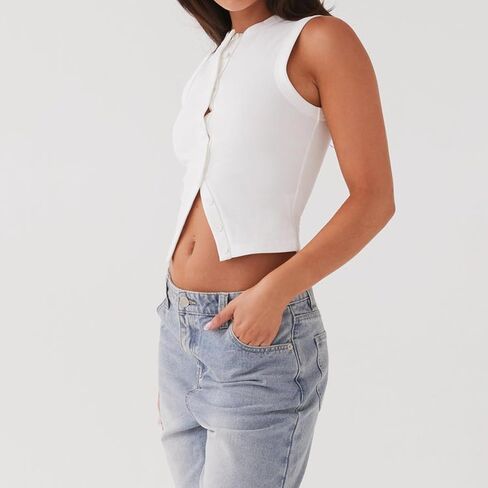 نساء مضلع زر متماسكة أسفل قمم الخزان y2k بلا أكمام مفتوحة المحصول الأمامي سترة نحيفة تناسب الخروج من أغطية الشارع in Kuwait