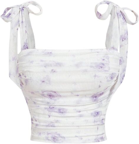 GORGLITTER Women's Bow Tie Shoulder Crop Tops Mesh Floral Boho Top Ruched Cami in Saudi Arabia