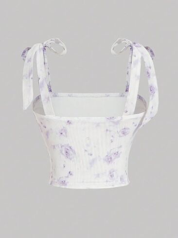 GORGLITTER Women's Bow Tie Shoulder Crop Tops Mesh Floral Boho Top Ruched Cami in Saudi Arabia