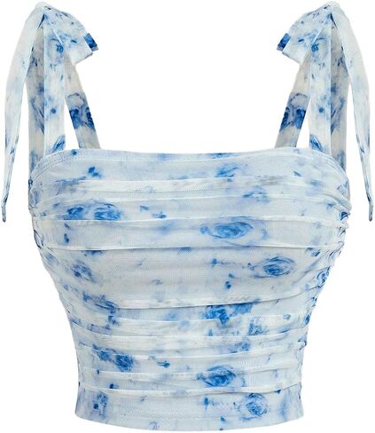 GORGLITTER Women's Bow Tie Shoulder Crop Tops Mesh Floral Boho Top Ruched Cami in Saudi Arabia
