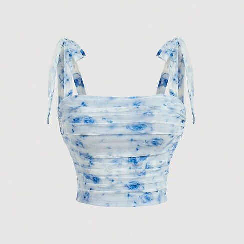 GORGLITTER Women's Bow Tie Shoulder Crop Tops Mesh Floral Boho Top Ruched Cami in Saudi Arabia