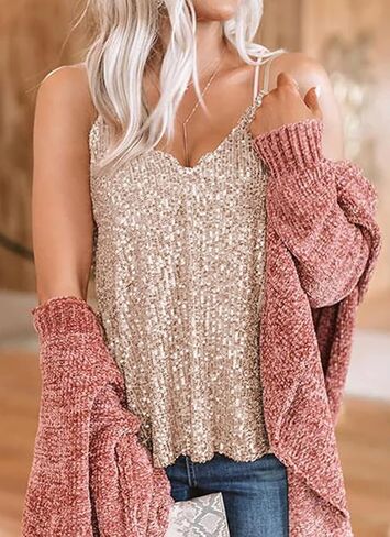 EUDOLAH Sequin Tops for Women Sparkle Camisole Shimmer Sleeveless V Neck Tanks Sexy Party Cami Going Out Outfits in Saudi Arabia