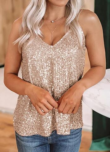 EUDOLAH Sequin Tops for Women Sparkle Camisole Shimmer Sleeveless V Neck Tanks Sexy Party Cami Going Out Outfits in Saudi Arabia