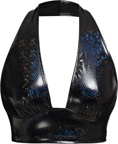 MakeMeChic Women's Faux PU Leather Deep V Neck Sleeveless Backless Camisole Crop Halter Tops in Saudi Arabia