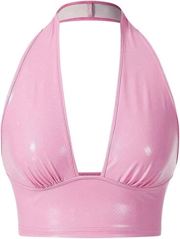 MakeMeChic Women's Faux PU Leather Deep V Neck Sleeveless Backless Camisole Crop Halter Tops in Saudi Arabia