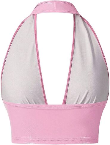 MakeMeChic Women's Faux PU Leather Deep V Neck Sleeveless Backless Camisole Crop Halter Tops in Saudi Arabia