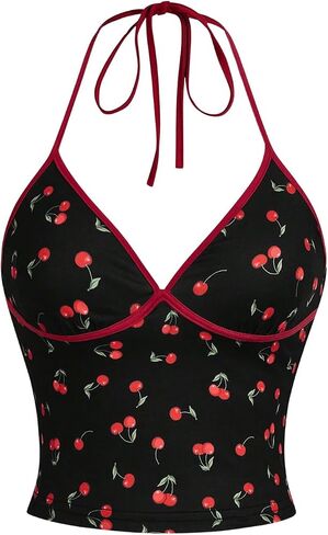 Women's Cherry Print Halter Camisole Tops Backless Slim Fit Crop Tops Coquette Streetwear Going Out Cami Tops in Saudi Arabia