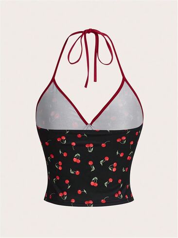 Women's Cherry Print Halter Camisole Tops Backless Slim Fit Crop Tops Coquette Streetwear Going Out Cami Tops in Saudi Arabia