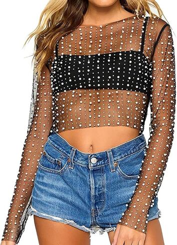 Women's Pearl Rhinestone See Through Long Sleeve Mesh Blouse One Piece Cover Up Crop Tops in Kuwait