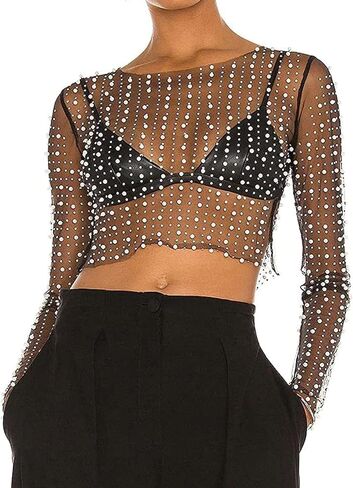 Women's Pearl Rhinestone See Through Long Sleeve Mesh Blouse One Piece Cover Up Crop Tops in Kuwait
