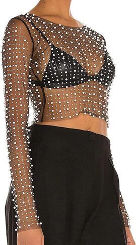 Women's Pearl Rhinestone See Through Long Sleeve Mesh Blouse One Piece Cover Up Crop Tops in Kuwait
