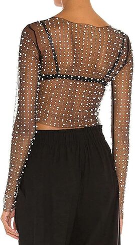 Women's Pearl Rhinestone See Through Long Sleeve Mesh Blouse One Piece Cover Up Crop Tops in Kuwait