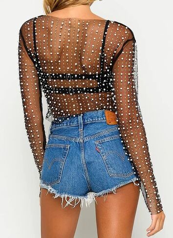 Women's Pearl Rhinestone See Through Long Sleeve Mesh Blouse One Piece Cover Up Crop Tops in Kuwait