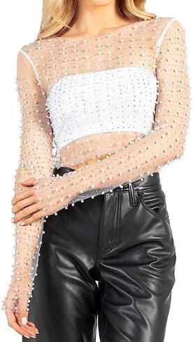 Women's Pearl Rhinestone See Through Long Sleeve Mesh Blouse One Piece Cover Up Crop Tops in Kuwait