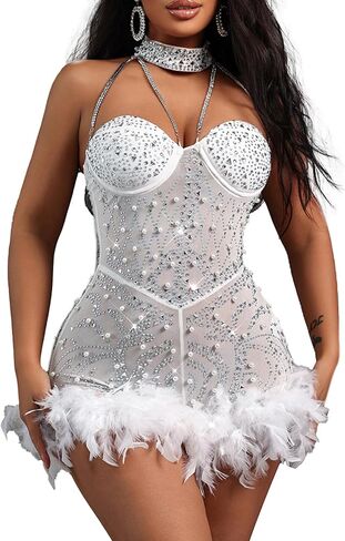 مثير ريشة حجر الراين عارية الذراعين شبكة شير سخرية الزي Nightout Clubwear عيد ميلاد حزب اللباس in Saudi Arabia