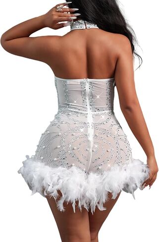 مثير ريشة حجر الراين عارية الذراعين شبكة شير سخرية الزي Nightout Clubwear عيد ميلاد حزب اللباس in Saudi Arabia