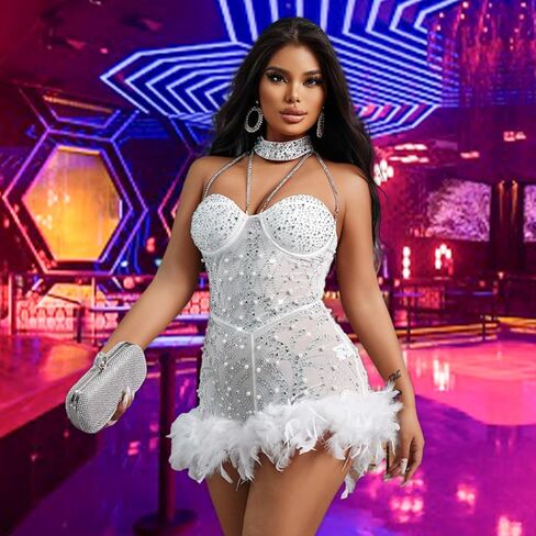 مثير ريشة حجر الراين عارية الذراعين شبكة شير سخرية الزي Nightout Clubwear عيد ميلاد حزب اللباس in Saudi Arabia