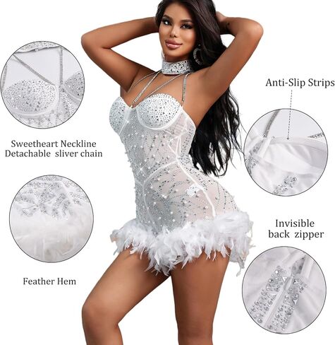 مثير ريشة حجر الراين عارية الذراعين شبكة شير سخرية الزي Nightout Clubwear عيد ميلاد حزب اللباس in Saudi Arabia
