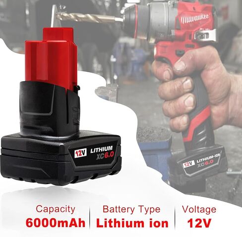 2 Pack 6Ah for M-12 Battery Replacement 48-11-2440 48-11-2450 48-11-2460 ...【for-Milwaukee M 12 Battery High Output】 Compatible with Milwaukee 12V Tools and 12 volt Lithium Battery Charger (2) in Saudi Arabia