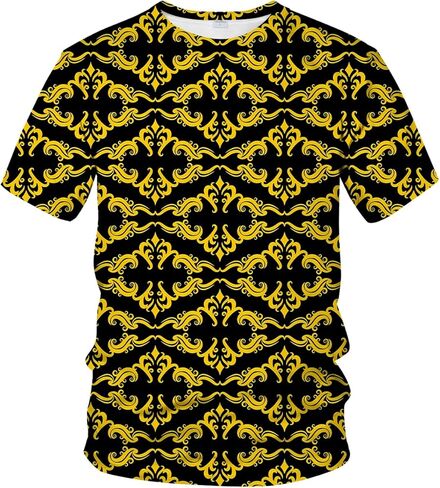 LAOLIUSN Men's Gold Shiny Printed T-Shirt - Golden Ornate Theme, Floral Graphic Tee Shirt in Kuwait