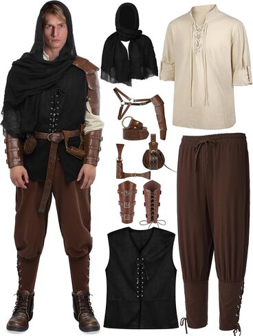 SOMSOC 9 Piece Halloween Men's Renaissance Viking Costume Set Medieval Shirt Pants Vest Scarf Bracer Belt Pouch Shoulder Cape in Saudi Arabia