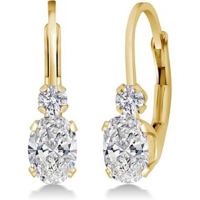 Gem Stone King 14K Gold White Lab Grown Diamond Leverback Earrings For Women | 0.86 Cttw | Oval 6X4MM and Round 2MM | DEF Color | VVS-VS Clarity | 3/4 Inch in Kuwait