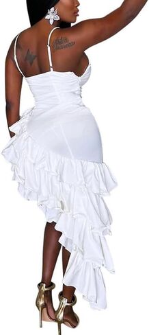 VJJ AIDEAR Women's Ruched Bodycon Midi Dress with Fringe Ruffles in Saudi Arabia