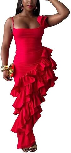 VJJ AIDEAR Women's Ruched Bodycon Midi Dress with Fringe Ruffles in Saudi Arabia