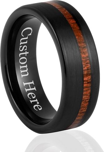 حلقة تنغستن 8 مم مع ترصيع الخشب KOA-فرقة زفاف أسود محفورة مخصصة له-متين ، مقاوم للخدش ، رنين الوعود الراحة ، الحجم 7-14 in Kuwait