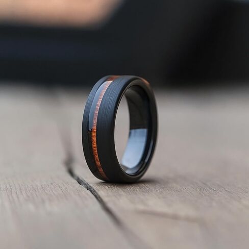 حلقة تنغستن 8 مم مع ترصيع الخشب KOA-فرقة زفاف أسود محفورة مخصصة له-متين ، مقاوم للخدش ، رنين الوعود الراحة ، الحجم 7-14 in Kuwait