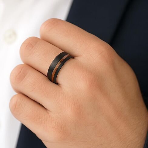 حلقة تنغستن 8 مم مع ترصيع الخشب KOA-فرقة زفاف أسود محفورة مخصصة له-متين ، مقاوم للخدش ، رنين الوعود الراحة ، الحجم 7-14 in Kuwait