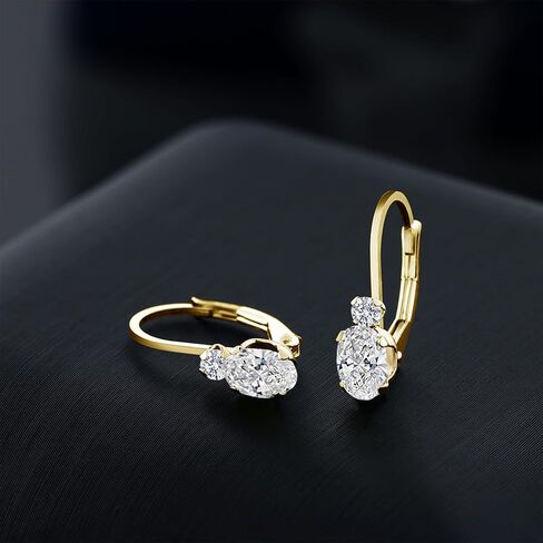 Gem Stone King 14K Gold White Lab Grown Diamond Leverback Earrings For Women | 0.86 Cttw | Oval 6X4MM and Round 2MM | DEF Color | VVS-VS Clarity | 3/4 Inch in Saudi Arabia
