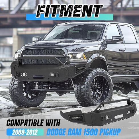 KUAFU Front Bumper Assembly Compatible with 2009-2012 Dodge Ram 1500 Pickup W/Winch Plate and Led Lights Front Steel Bumper Replacement Black (2 Packages) in Saudi Arabia