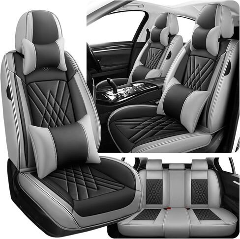 أغطية مقعد السيارة تناسب Chevy Equinox 2005-2025 ، دعم الخصر ثلاثي الأبعاد وجلد Nappa المتميز ، مقاوم للماء ، مقاوم للخدش (رمادي أسود ، مجموعة كاملة مع وسادة) in Kuwait
