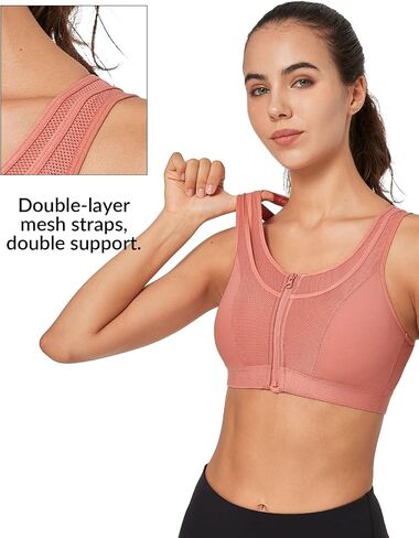 Yvette High Support Sports Bras for Women Double Deck Straps High Impact Zip Front Sports Bra, Black, L+ in Saudi Arabia