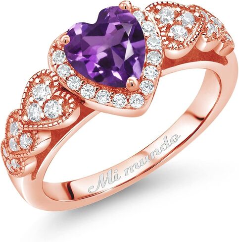 Gem Stone King 18K Rose Gold Plated Silver Customized and Personalized Engraved 6MM Heart Shape Gemstone Birthstone Ring | Available In Size 5, 6, 7, 8, 9 in Saudi Arabia