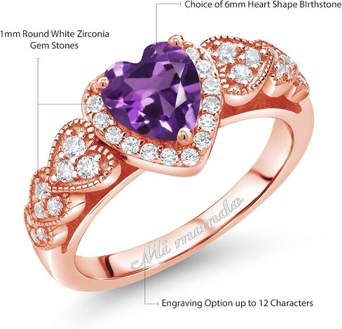 Gem Stone King 18K Rose Gold Plated Silver Customized and Personalized Engraved 6MM Heart Shape Gemstone Birthstone Ring | Available In Size 5, 6, 7, 8, 9 in Saudi Arabia