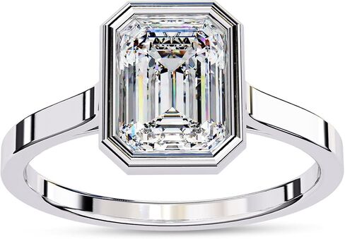 Solitaire Engagement Ring for Women | Center 7X5mm Emerald Cut Lab Created Moissanite Bezel Set Wedding Promise Rings in 10K / 14K Solid Gold or 925 Sterling Silver Jewelry Gift for Her in Saudi Arabia