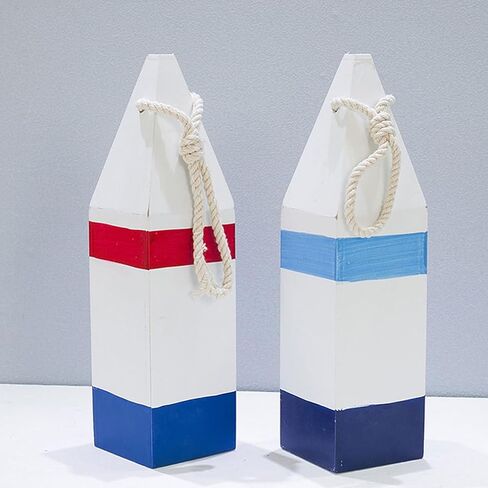 DECHOUS 2Pcs Nautical Wood Buoy: Red and Blue Wooden Buoys with Rope for Decoration - Nautical Wall Hanging Decor Ornament for Home Living Room Bathroom Wall Art - 10.4 Inch in Kuwait