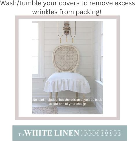 Luxury Chair Cover, Fits Seat Size 20" x 18", Ruffled Linen, Dining Chair Covers, Slipcover, Farmhouse Decor, Heavy Drape Linen, (White) in Kuwait
