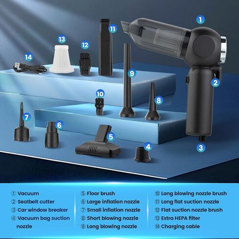 Handheld Car Vacuum Cleaner, 6 in 1 Multi-Function Cordless Small Vacuum, 17000PA Adjustable Portable with Brushless Motor for Inflation, Dust Blowing, Suction for Car, Home, Office– All in One in Saudi Arabia