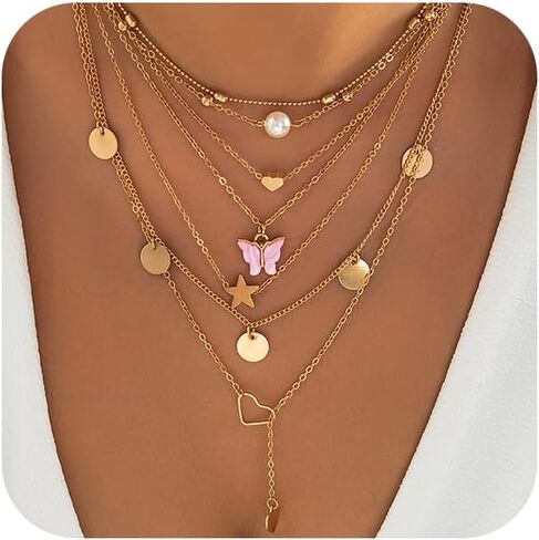 Long Layered Gold Butterfly Statement Necklace Set for Women Trendy Disc Heart Moon Party Favors Choker Necklaces Fashion Pearl Pendant Jewelry Gifts in Saudi Arabia