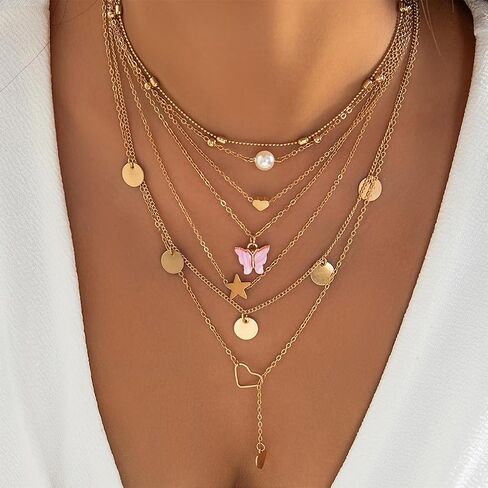 Long Layered Gold Butterfly Statement Necklace Set for Women Trendy Disc Heart Moon Party Favors Choker Necklaces Fashion Pearl Pendant Jewelry Gifts in Saudi Arabia