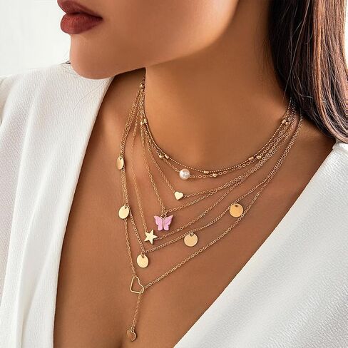 Long Layered Gold Butterfly Statement Necklace Set for Women Trendy Disc Heart Moon Party Favors Choker Necklaces Fashion Pearl Pendant Jewelry Gifts in Saudi Arabia